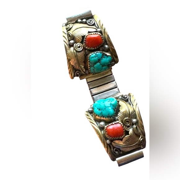 VTG 1970s Old Pawn NAVAJO Turquoise-Coral Men's Watchband EJ 12k Gold Sterling - Picture 2 of 7